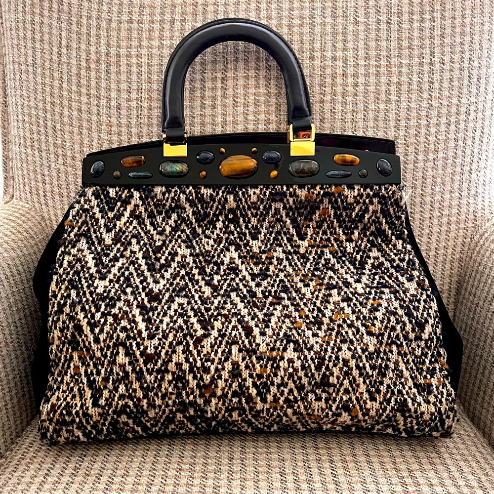 Tory Burch Suede Shearling Fur Embellished Tweed Altersee Chevron Handbag - Picture 2 of 9